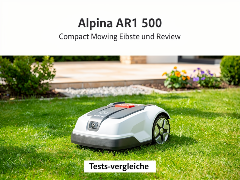 Alpina AR 1 500 Mähroboter auf Rasen im kleinen Garten bei sonnigem Wetter