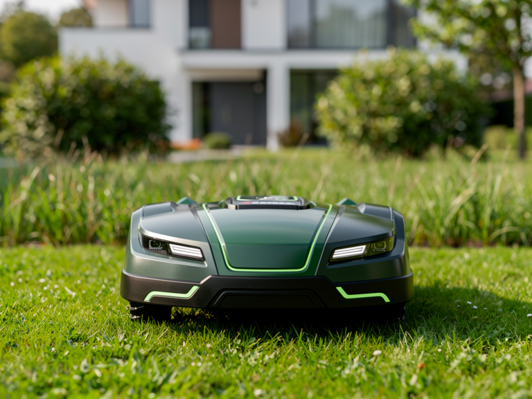 Cramer RM1500 GPS-Mähroboter im Garten während Testlauf auf Rasenfläche