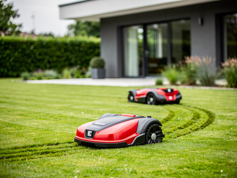 Einhell Freelexo 500 Mähroboter im Garten mit Bluetooth-Steuerung und LCD-Display
