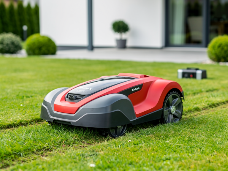 Budgetfreundlicher Mähroboter Einhell Freelexo LCD BT + 750 im ausführlichen Praxistest Einhell Freelexo LCD BT + 750 Mähroboter im Garten bei der Arbeit