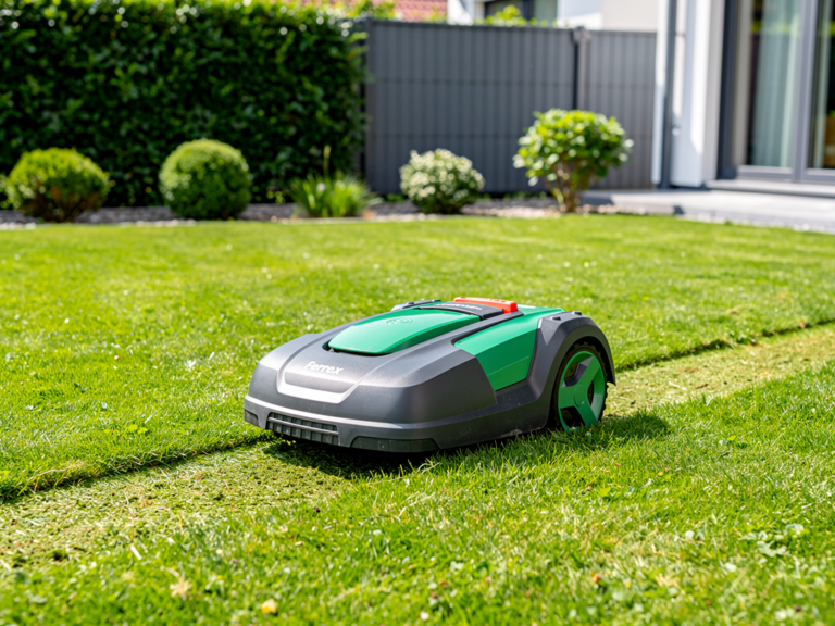Ferrex Mähroboter Test und Erfahrungen mit der Aldi Budget-Variante Ferrex Mähroboter bei Aldi im Test auf Gartenwiese mit Bedienungsanleitung