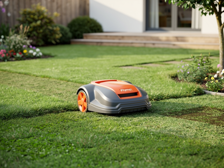 Flymo Robot Lawn Mower 1000 kompakter Rasenroboter beim Mähen im Gartenalltag