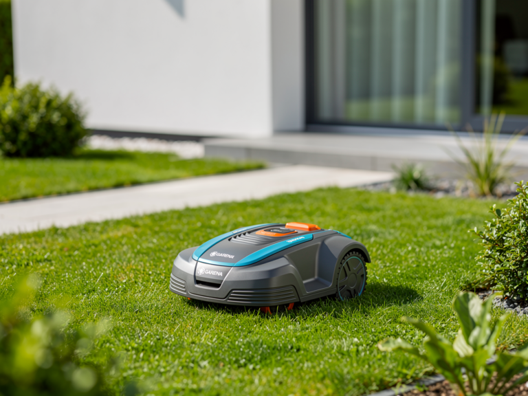 Gardena R4 Mähroboter im kleinen Garten beim zuverlässigen Rasenmähen