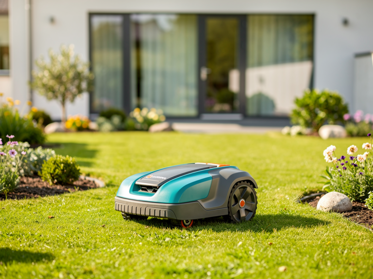 Gardena Sileno Life 750 Mähroboter im Einsatz auf gepflegtem Rasen im Garten