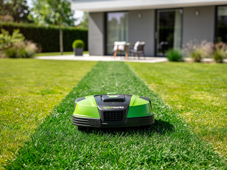 Greenworks Optimow 1000 Mähroboter fährt im Garten mit langer Akkulaufzeit