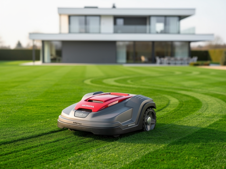 Honda Miimo HRM 3000 Mähroboter beim Mähen großer unebener Rasenflächen mit GPS-Navigation