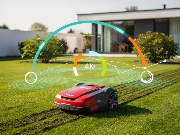 Kress Mission KR133E Mähroboter in Aktion auf großem Rasen mit GPS-Navigation