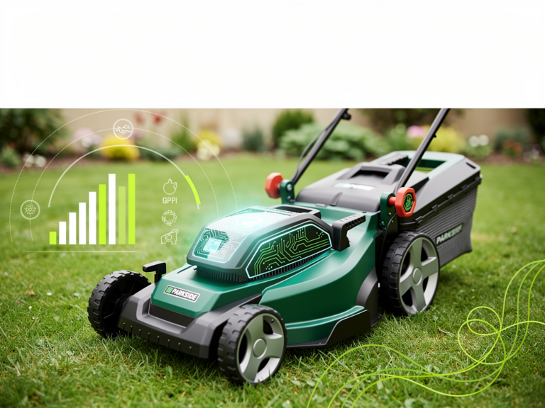 Parkside PRMA 20-Li A1 Akku-Rasenmäher mit integriertem GPS-Modul in Nahaufnahme