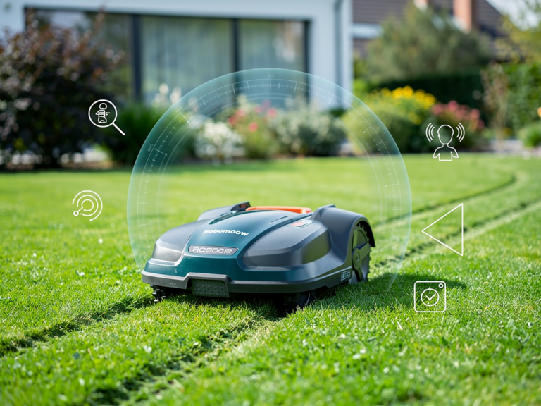 Robomow RC304u Test zeigt Leistung und smarte Gartentechnik im Praxischeck Robomow RC304u Mähroboter beim Mähen im Garten mit App-Steuerung im Einsatz