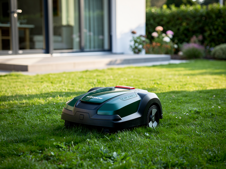 Robomow RC308u Mähroboter im Einsatz auf mittelgroßem Garten mit Benutzer-App