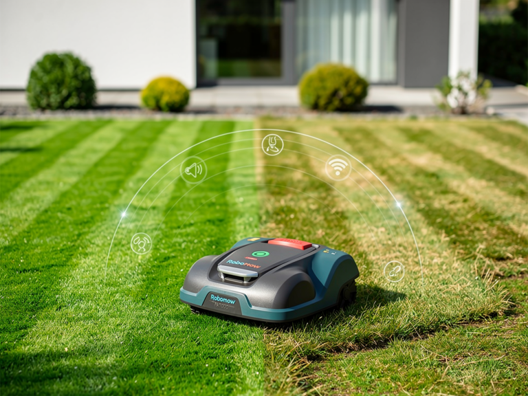 Robomow RK1000 GPS Mähroboter im Garten bei der präzisen Rasenarbeit