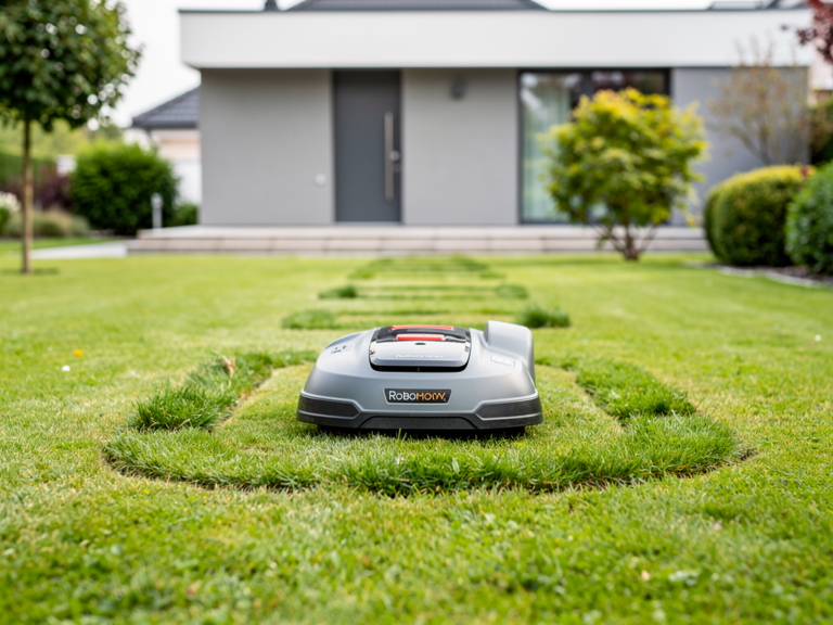 Robomow RT700 NERA Mähroboter bei der Arbeit im mittelgroßen Garten im Test
