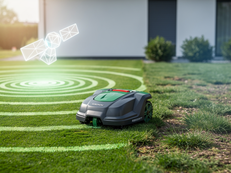 Robomow RT7000RT Mähroboter bei der Arbeit auf großem Rasen mit GPS-Steuerung