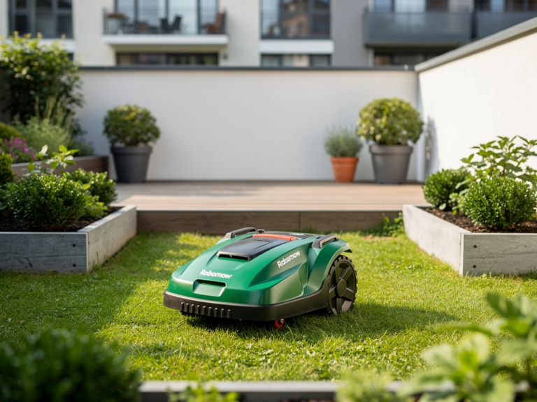 Robomow RX20u Mähroboter im Einsatz in kleinem Stadtgarten mit kompakter Bauweise
