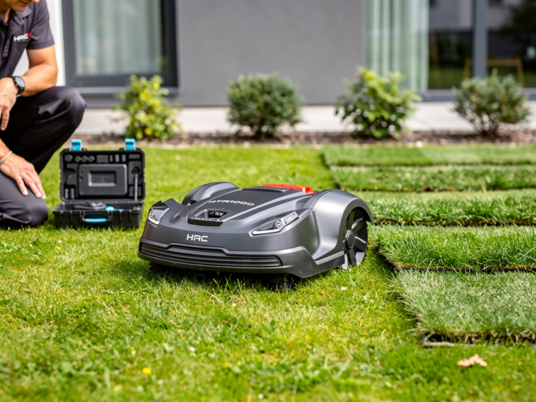 Robot HRC HTR1000 Mähroboter mit GPS-Navigation im Praxistest auf Rasenfläche
