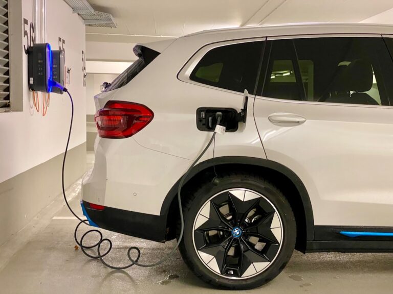 Wallbox für Mähroboter installieren und optimal nutzen Wallbox für Mähroboter an Hauswand installiert mit Ladekabel und grünem Garten