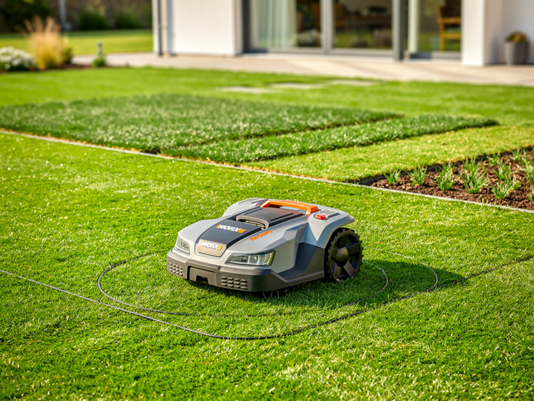 Worx Landroid M700Plus Test und Erfahrungen mit dem kabelgebundenen Mähroboter Worx Landroid M700Plus Mähroboter im Garten mit Begrenzungskabel und Akku