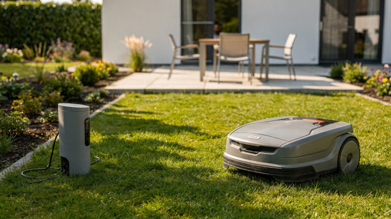 Mähroboter kaufen: Kosten und Nutzen richtig abwägen Mähroboter auf gepflegtem Rasen neben der Ladestation im Garten